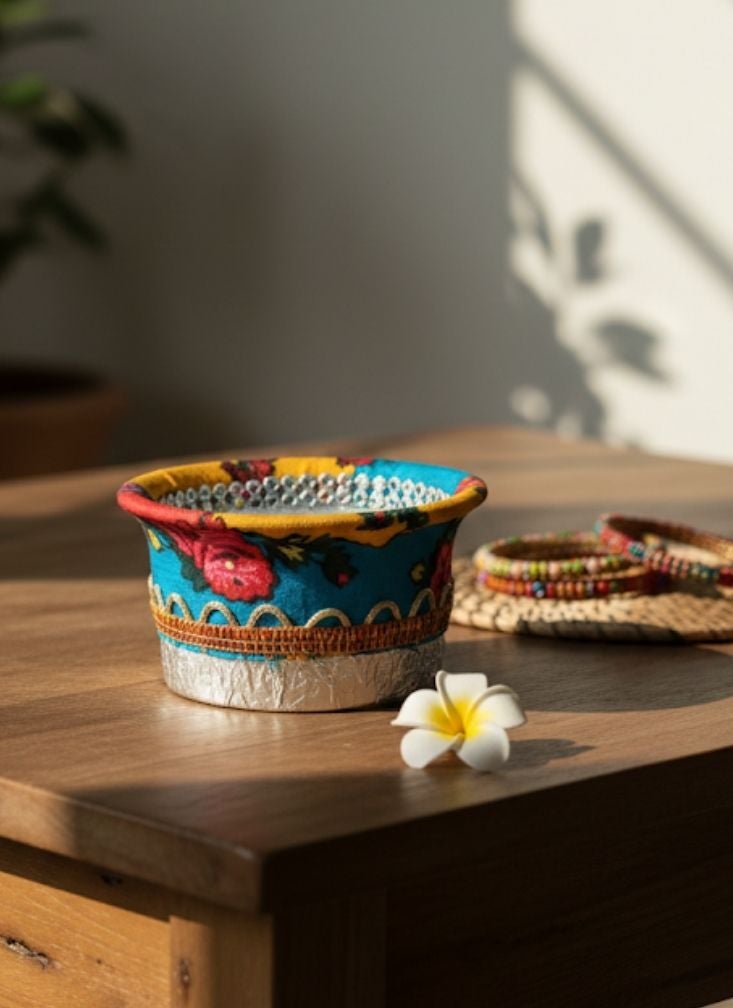 Premium Colorful Handmade Fabric Bowl with Foil Base – Decorative Multi-Purpose Container - Image 2